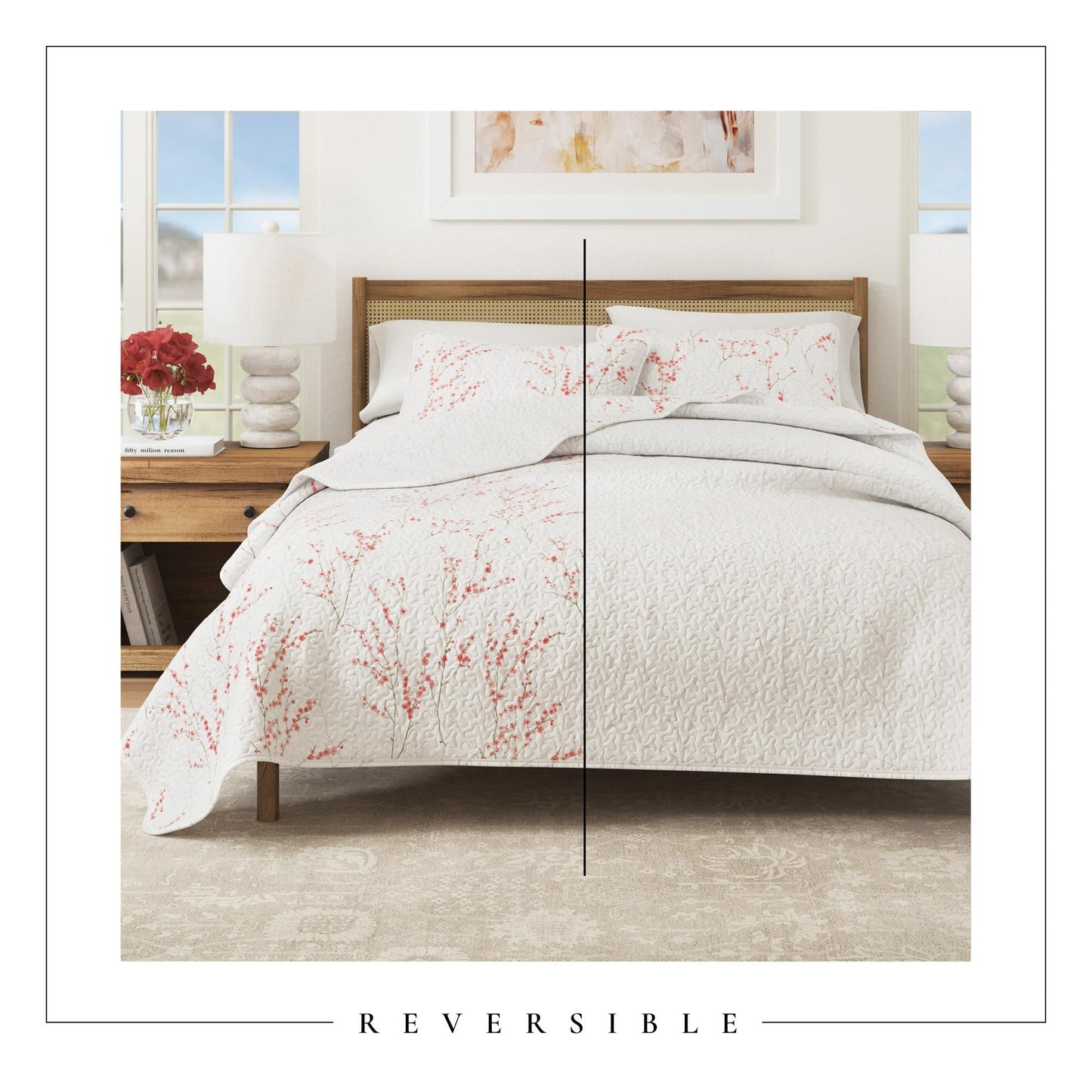 Great Bay Home Floral Quilt Set - 3-Piece King/California King Size Spring Bedding Set - Lightweight, All-Season, Reversible Bedspread (Cherry Blossom).