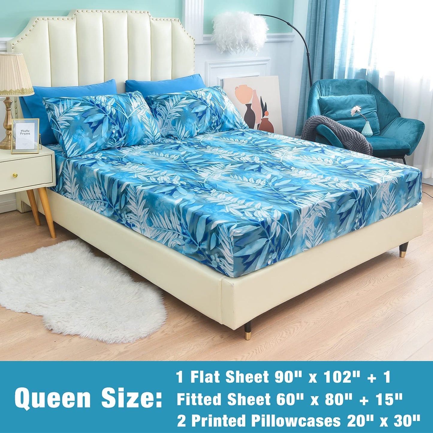 JSD Blue Tropical Leaves Print Sheet Set Queen, 4 Piece Soft Pattern Microfiber Bed Sheets Extra Deep Pocket