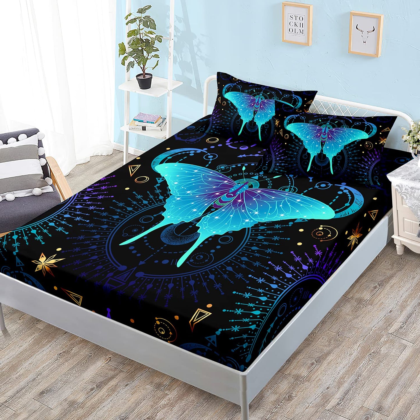 HOSIMA Blue Butterfly Fitted Sheet Boho Bedding Room Decor Aesthetics,Black and Gold Bedding Sets Queen Size,Blue Purple Mystical Totem Print Kids Fitted Sheet Sets for Girls Boys Teens.