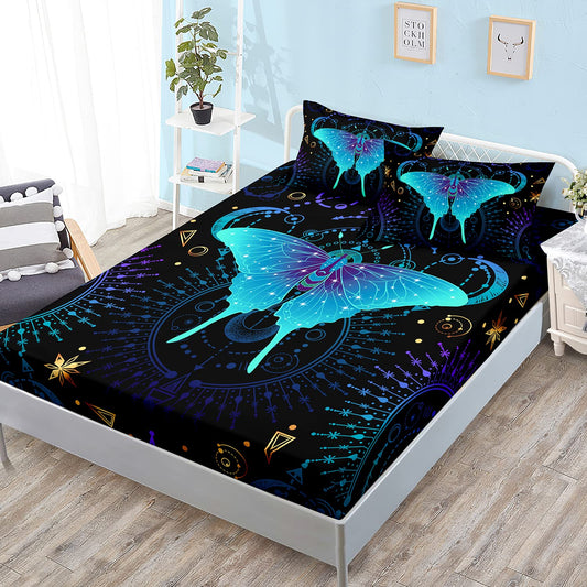 HOSIMA Blue Butterfly Fitted Sheet Boho Bedding Room Decor Aesthetics,Black and Gold Bedding Sets Queen Size,Blue Purple Mystical Totem Print Kids Fitted Sheet Sets for Girls Boys Teens.