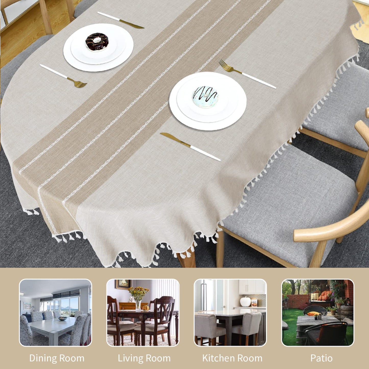 HOMBYS Solid Embroidery Oval Tablecloth with Tassels for Oval Table, 60 x 84 Inch Lace Dust-Proof Table Cover for Kitchen Dinning, Wrinkle Free Anti-Fading Tabletop Decoration