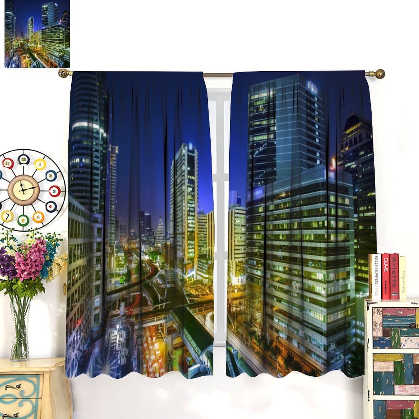 Bangkok City Curtains, Thailand Downtown Night View Modern Building Business Print Window Drapes for Bedroom Living Room, 42" W X 45" L