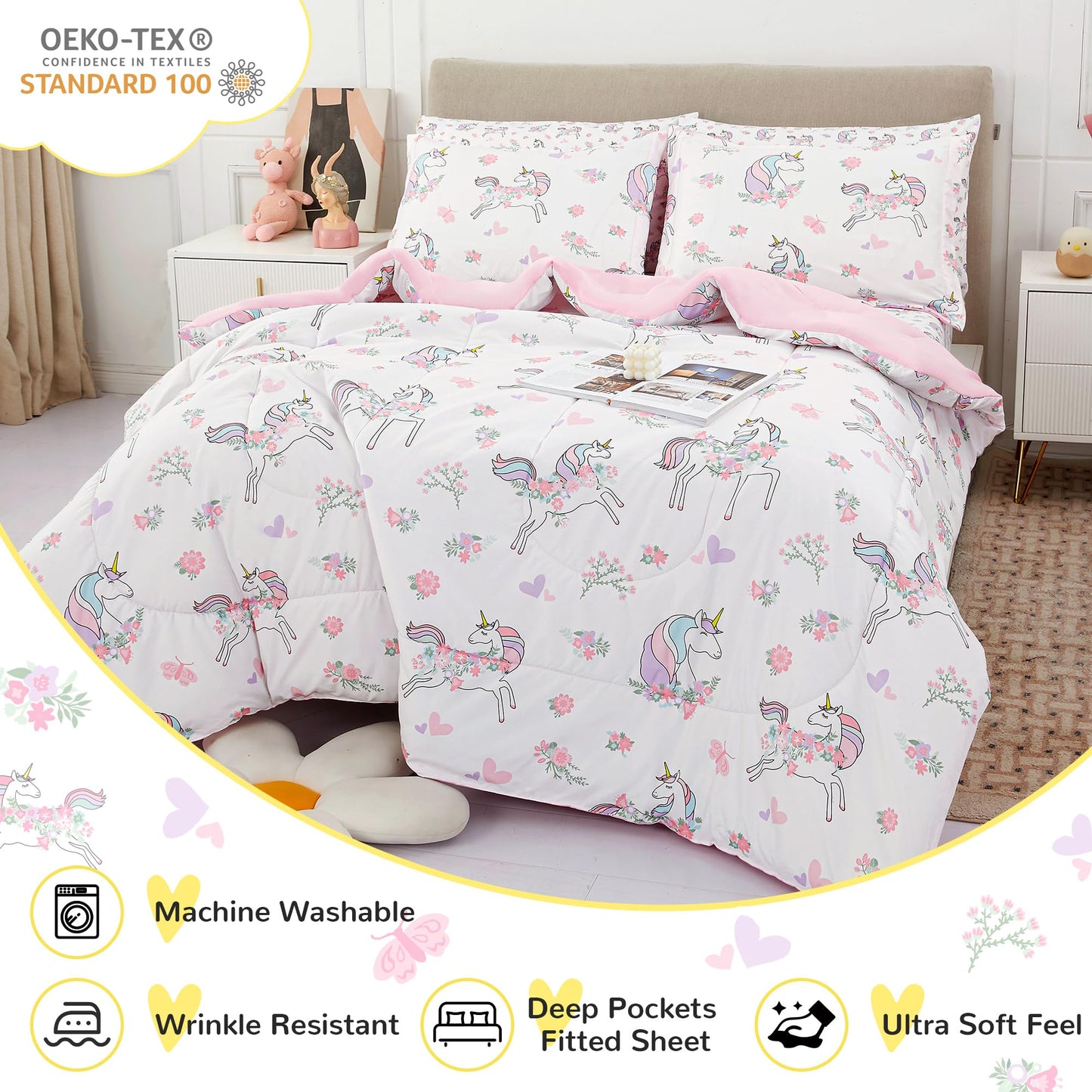 Viviland Kids Full Bedding Sets for Girls, Soft Full Comforter Set with Sheets, 7 Pieces Microfiber Bed in a Bag, White Unicorn