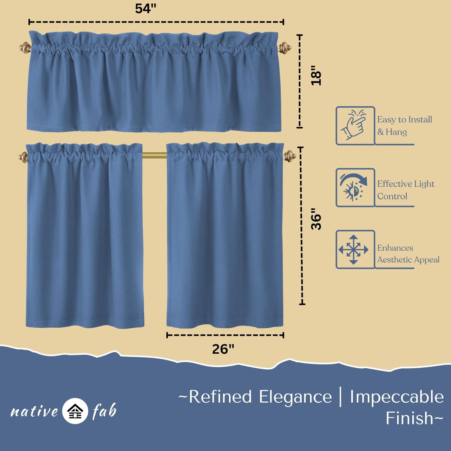 Native Fab 3 Piece Window Curtain Tiers 26"x36" and Valance 54"x18" Set - Rod Pocket - Semi Sheer - Short Curtain for Kitchen, Cafe, Living Room - Sky Blue