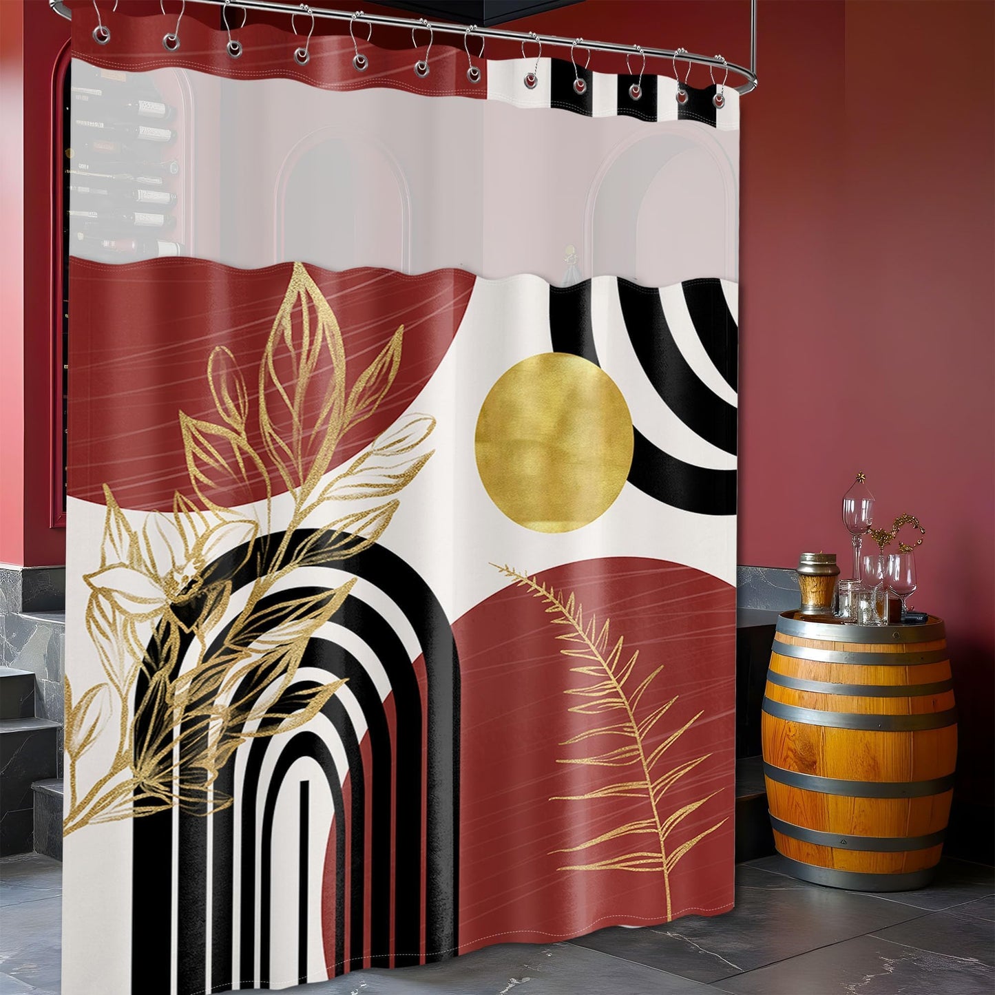 Bxpaitx Black and Red Boho See Through Mesh Top Shower Curtain with Window, Dark Red Mid Century Modern Mens Double Layer Shower Curtains with Snap in Liner, Waterproof Fabric with Hooks, 71x72 in