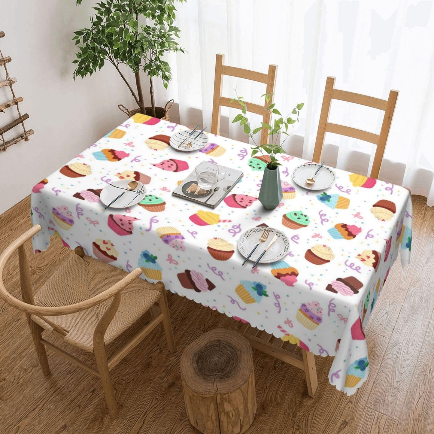 DRAVVIX Cute Cupcakes Rectangular Tablecloth Cartoon Cakes Table Cloth with Wavy Lace Decoration Polyester Table Cover for Dining, Parties 54x72 inch
