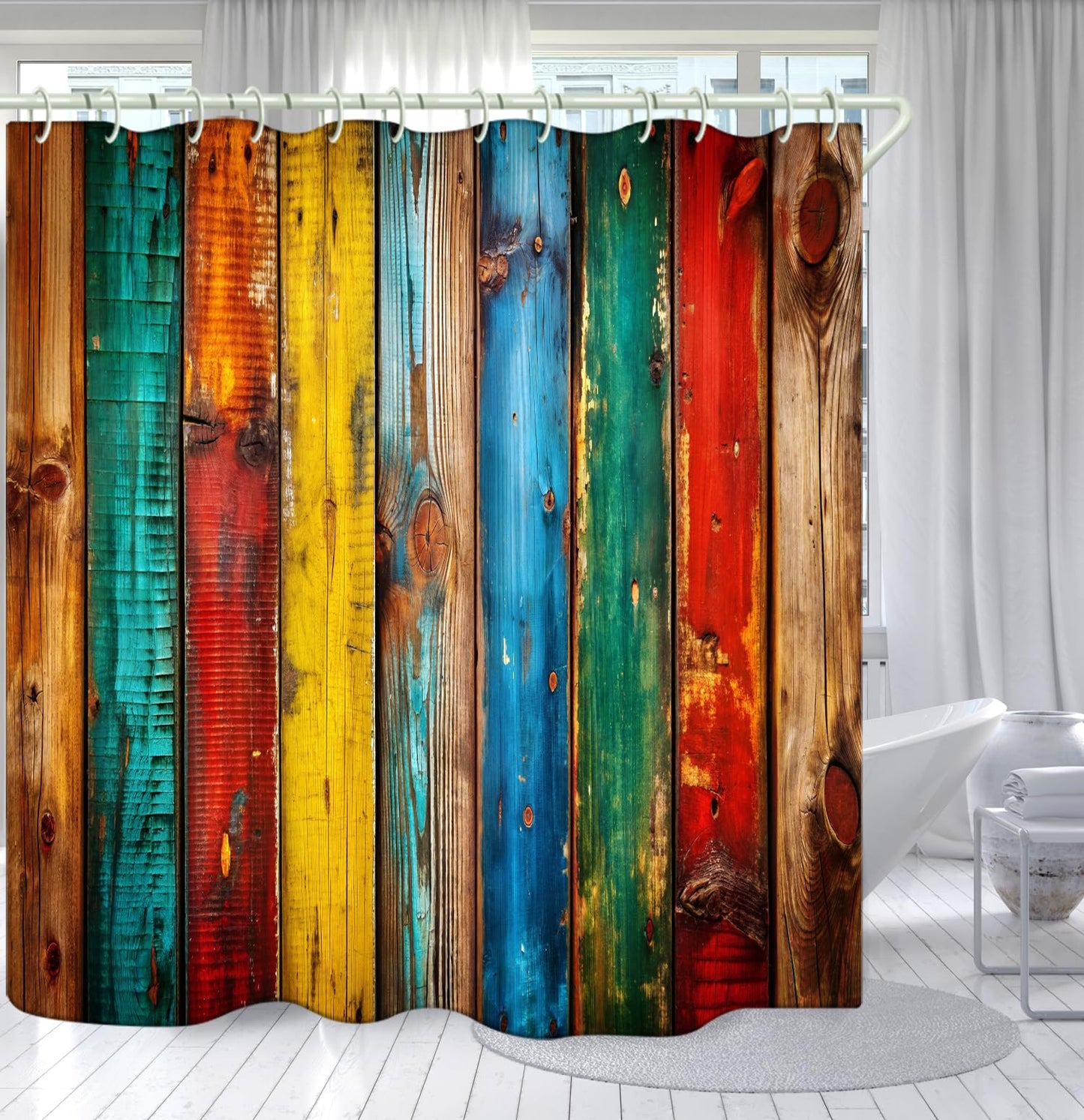 LYFANS Bathroom Shower Curtains Brings a Pleasant Mood to Bathing, with a Unique Artistic Waterproof Colored Wooden Shower Curtain (59x72 Inches) Equipped with 12 Hooks.