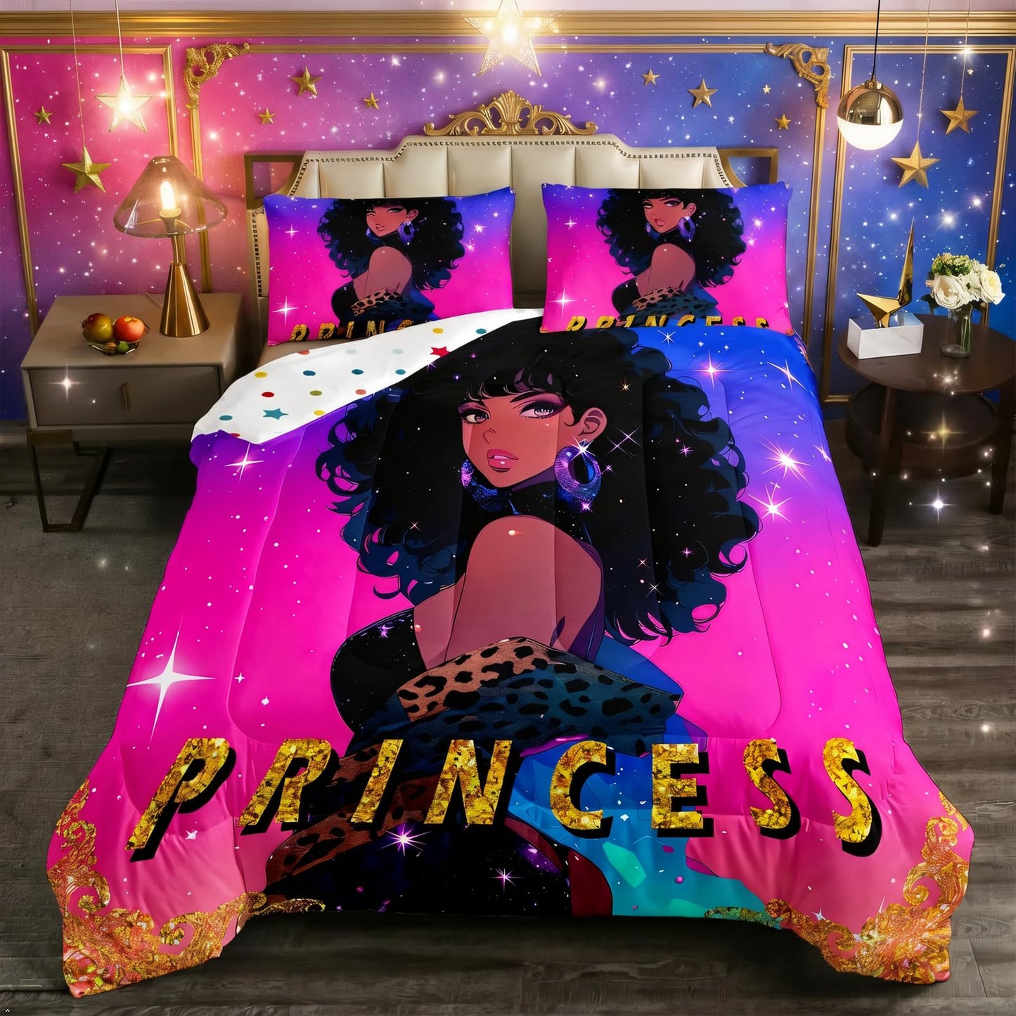 Erosebridal Black Woman Comforter Set for Girls Twin,American African Black Girls Quilt Afro Hair Girl Princess Melanin Magical Bedding Set,Leopard Print Gradient Blue Purple Galaxy Room Decor