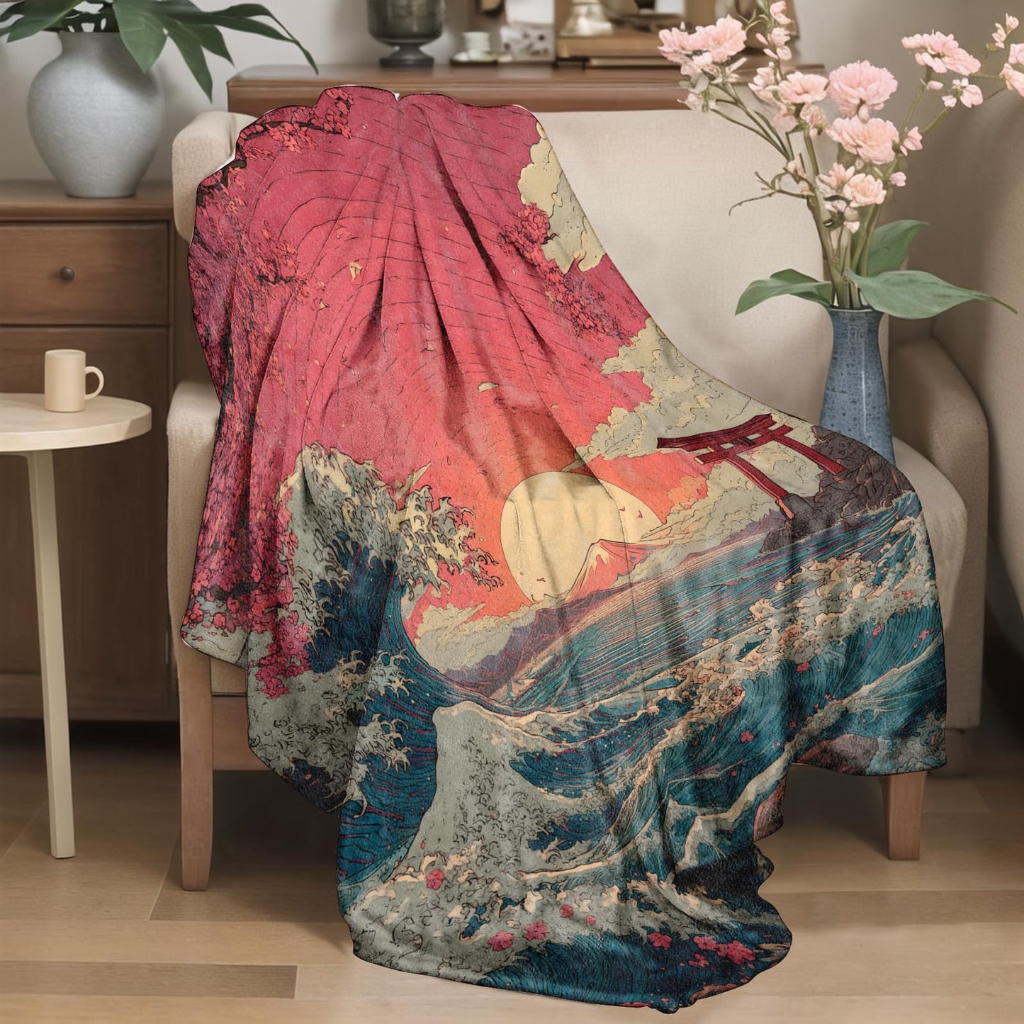 YCUFN Sunset Ocean Flannel Blanket 50"x60" Cherry Blossom Wave Japanese Lightweight Throw Blankets Birthday for Aesthetics Lovers Office Bedroom Sofa Travel Home Decorate