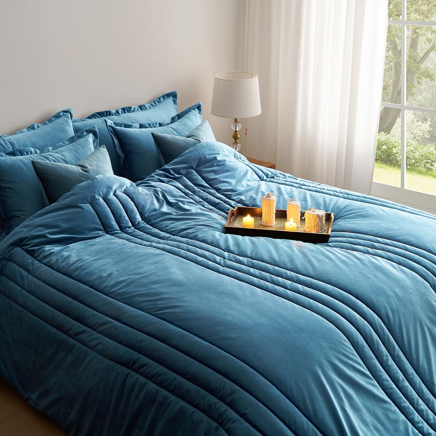 Blue Velvet Bedding Comforter Sets: Queen Size 3 Piece Luxury Ultra Soft Bed Set Suitable for All Seasons - Grayish Blue Cozy Striped Modern Rustic Lightweight Men Women Bedroom Comforter with 2 Shams