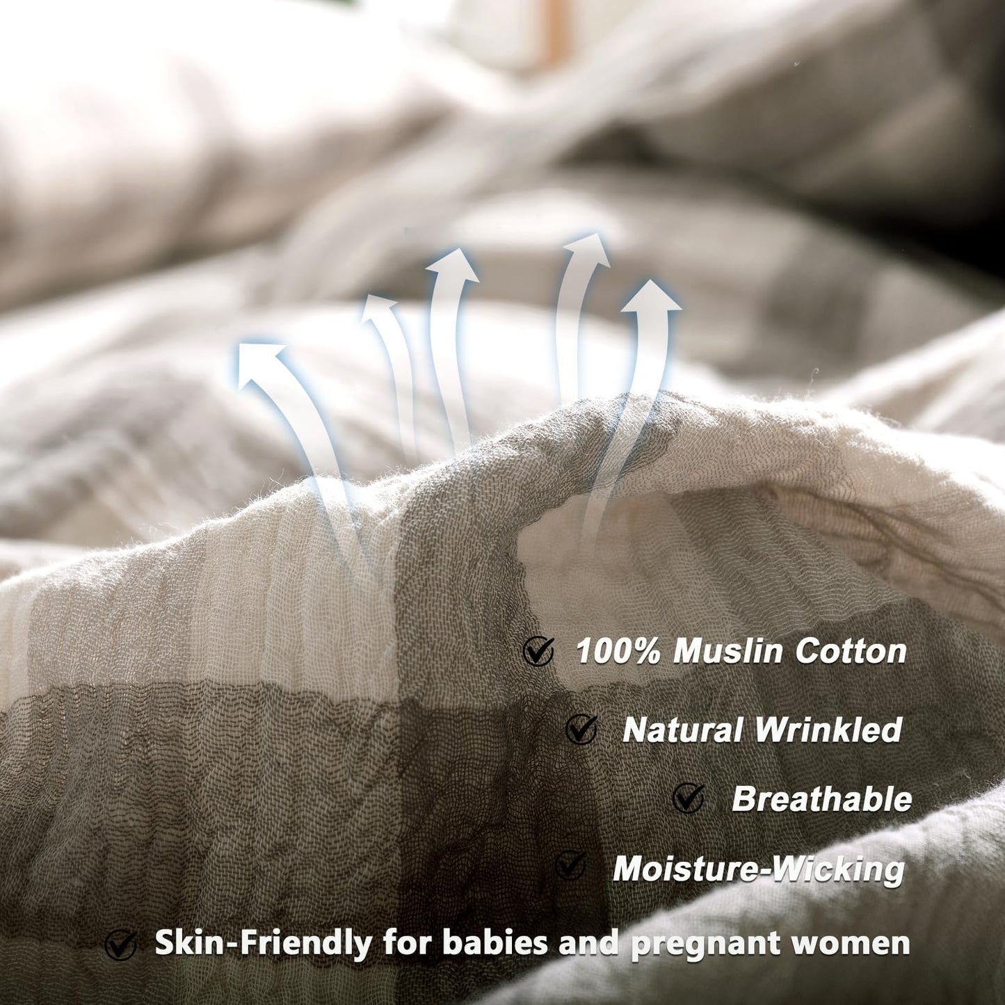 VM VOUGEMARKET Beige Grey Gingham Duvet Cover Queen Muslin Cotton Plaid Bedding Set Soft Breathable Linen Like Gauze Comforter Cover with Zipper Closure for Teen Men-3 Pieces,90"x90"