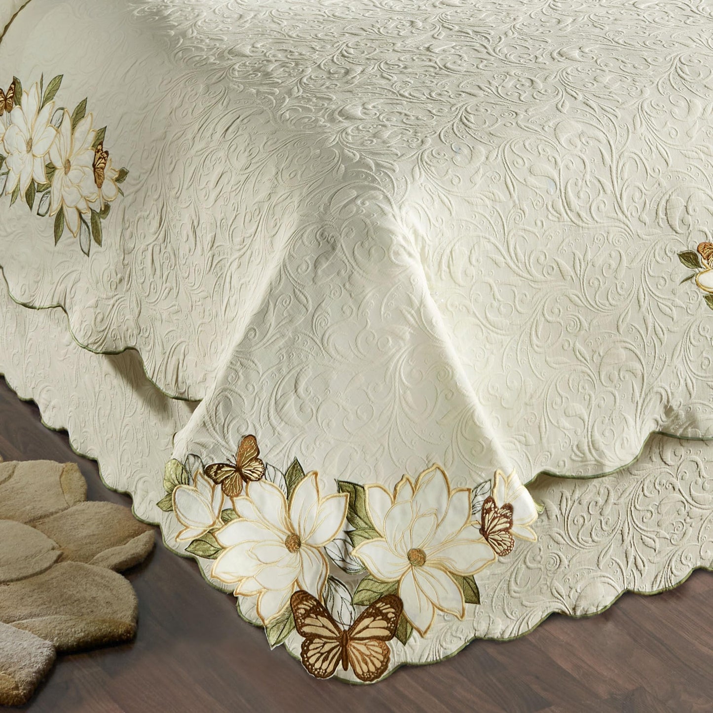 Sweetbay Garden Luxury Matelasse Bedding | Magnolia Flower, Butterfly, & Leaf Velvet Appliques | 4-Pc Ivory Textured Scroll Lightweight Bed Set with Oversized King Coverlet, Bedskirt, and 2 King Shams