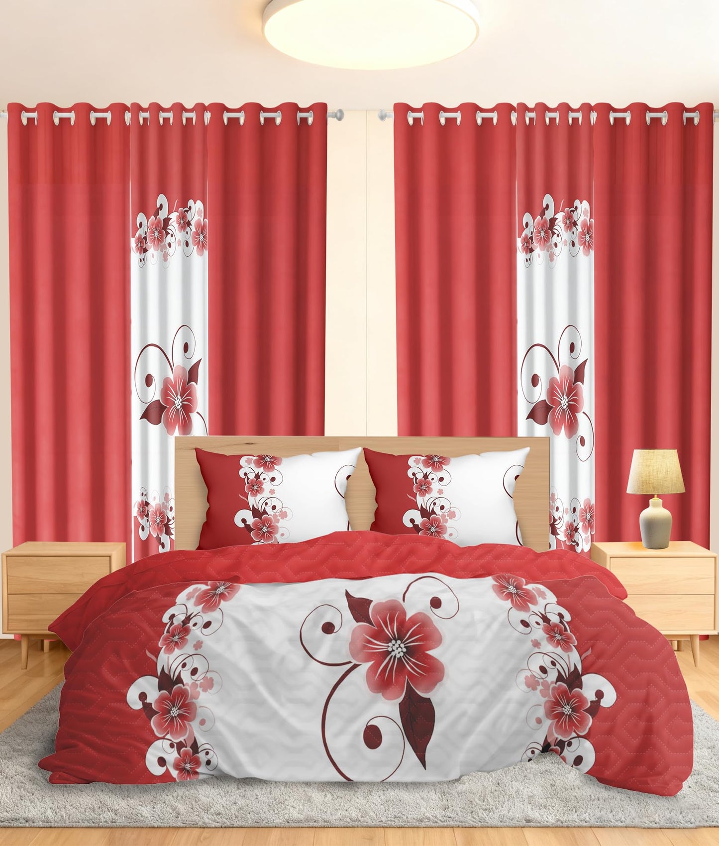 Hercastlè 1 Duvet Quilt Cover with Zipper Closure Ties 2 Pillowcases Bed Bedding Set for Home Bedroom 2 Print Curtains 4 Solid Curtains 9 Pieces Queen Size Size Red White Floral