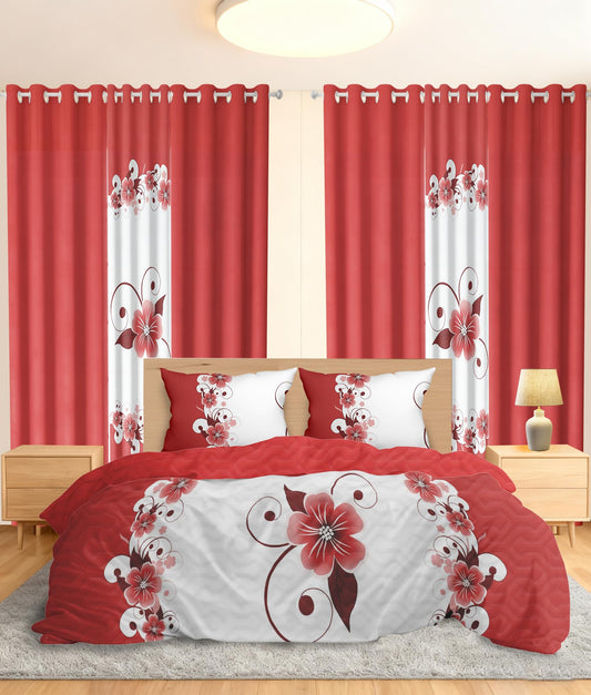 Hercastlè 1 Duvet Quilt Cover with Zipper Closure Ties 2 Pillowcases Bed Bedding Set for Home Bedroom 2 Print Curtains 4 Solid Curtains 9 Pieces Queen Size Size Red White Floral