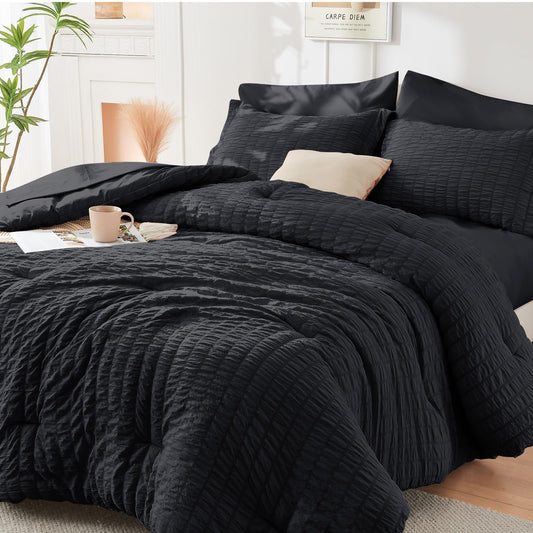 HYMOKEGE Black Oversized Queen Comforter Set Seersucker 7 Pieces, All Season Luxury Bed in a Bag for Bedroom, Bedding Set with Comforter, Sheets, Pillowcases & Shams