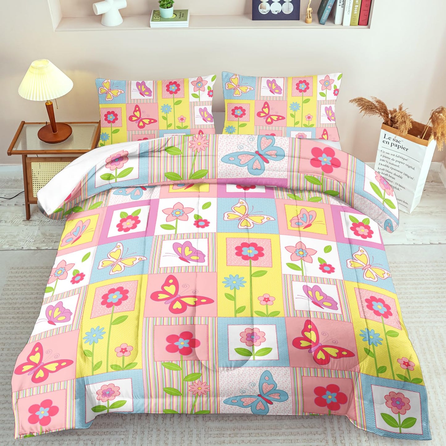 llyxsesty Pink Butterfly Kids Comforter Set King Girls Floral Bedding Set Girls Pink Grid Comforter Kids Quilt Bedroom Decor White Purple Blue Pink Butterfly Bedding Bed Decor