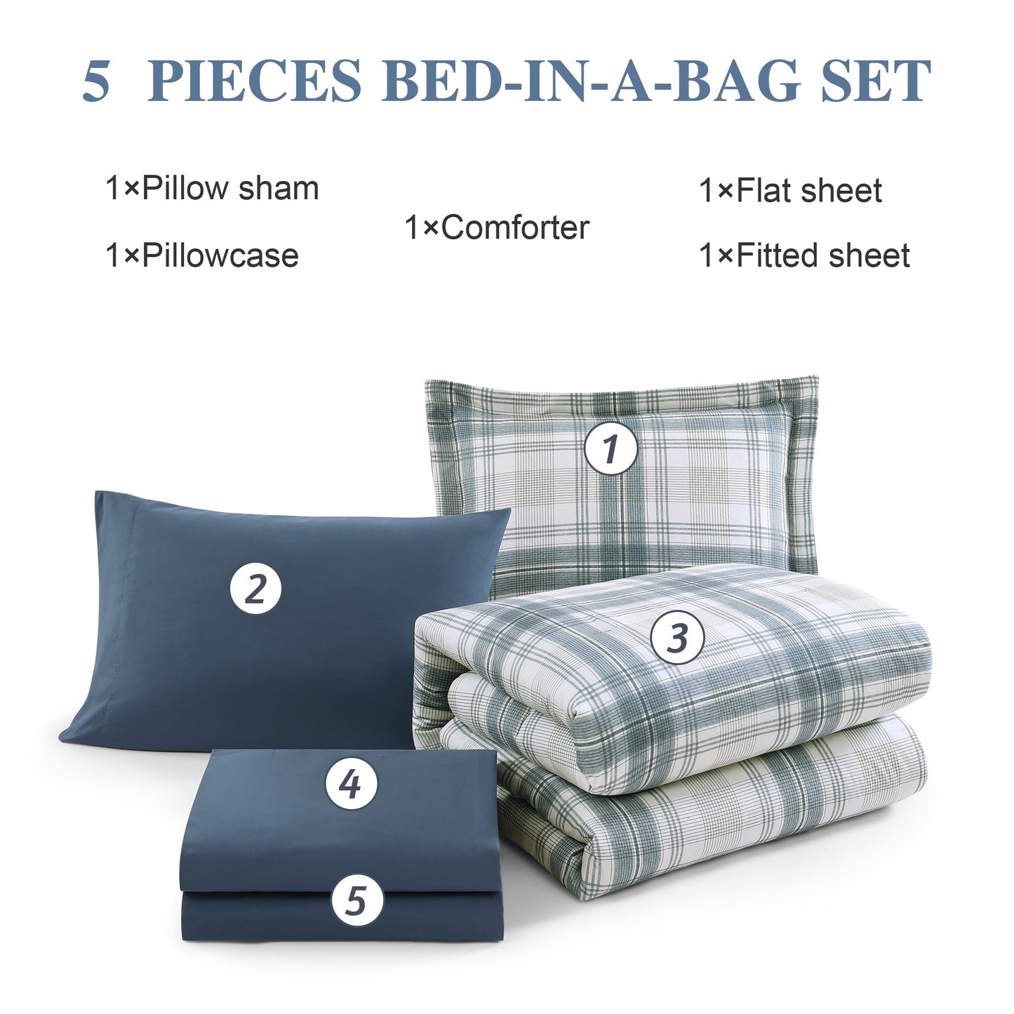 AMBERSPACE Twin XL Comforter Set, Blue Grey Plaid Bedding Set 5 Piece for Boys Girls Teen, Classic Homestead-Style Kids Comforter Set Bed in A Bag with Sheets, Pillowcase & Sham