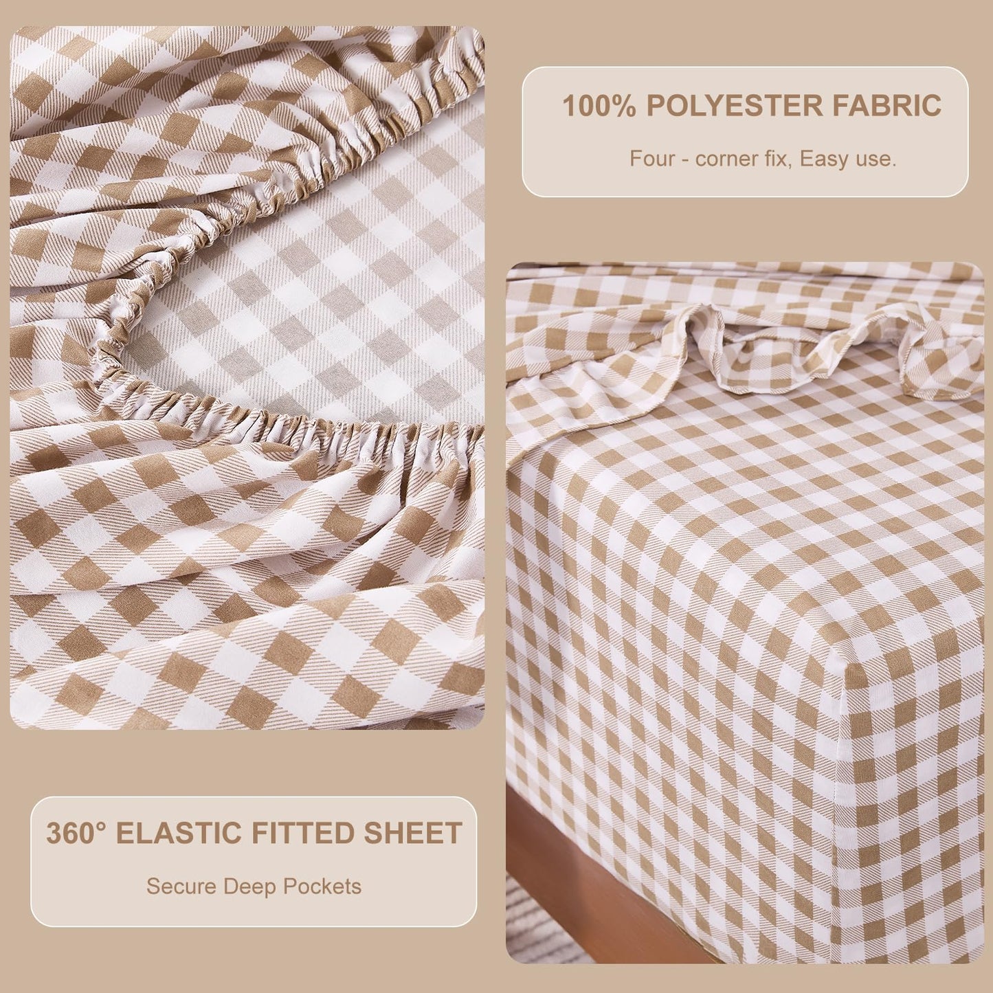 kisswish Gingham Full Sheet Set, Lightweight Super Soft Brushed Microfiber Plaid Bed Sheets with 16" Deep Pocket, 4 Piece Ruffle Farmhouse Bedroom Decor, Taupe