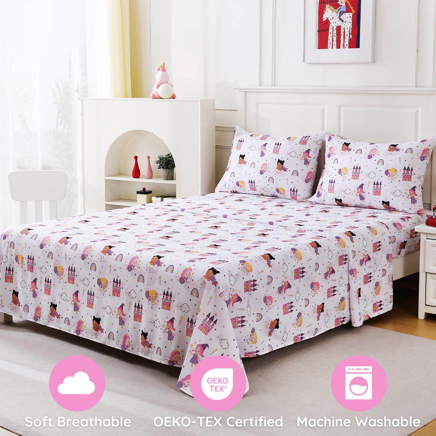 MCO Fairy Castle Kids Full Size Bed Sheets, Soft Microfiber 4 Pieces Breathable Bed Sheet Set for Boys and Girls