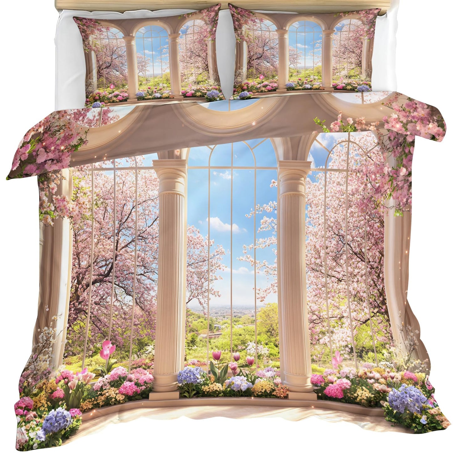 GKPLY Arched Garden Comforter Cover, Cherry Blossom Duvet Cover Set, Romantic Floral Bedding & Home Decor, Zipper & Ties, Elegant Palace Comforter Set & 2 Pillow Cases, California King