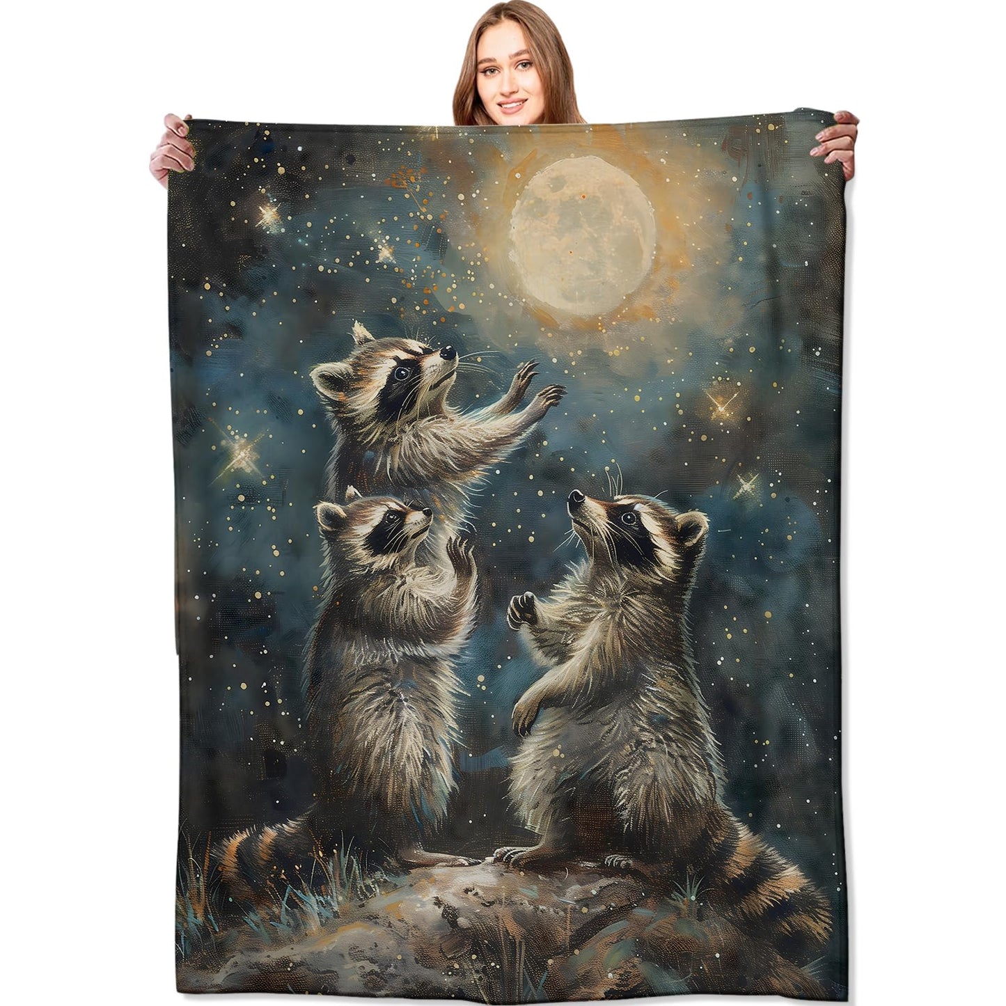 VODRM Raccoon Blanket Starry Night Throw Blankets,Birthday Gifts for Kids Adult & Wildlife Lovers,Lightweight Soft Fleece with Animal Under The Moon,for Sofa Couch Bed Room Decor 50x60in