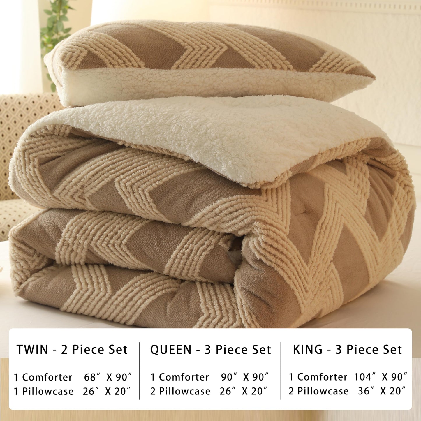 tohrisa Tufted Boho Comforter Set King - Beige Fluffy Sherpa Bedding Set, Soft Fuzzy Jacquard Quilt Set, 3 Pieces Cozy Bed Set Warm Comforter for Winter(104"X90")
