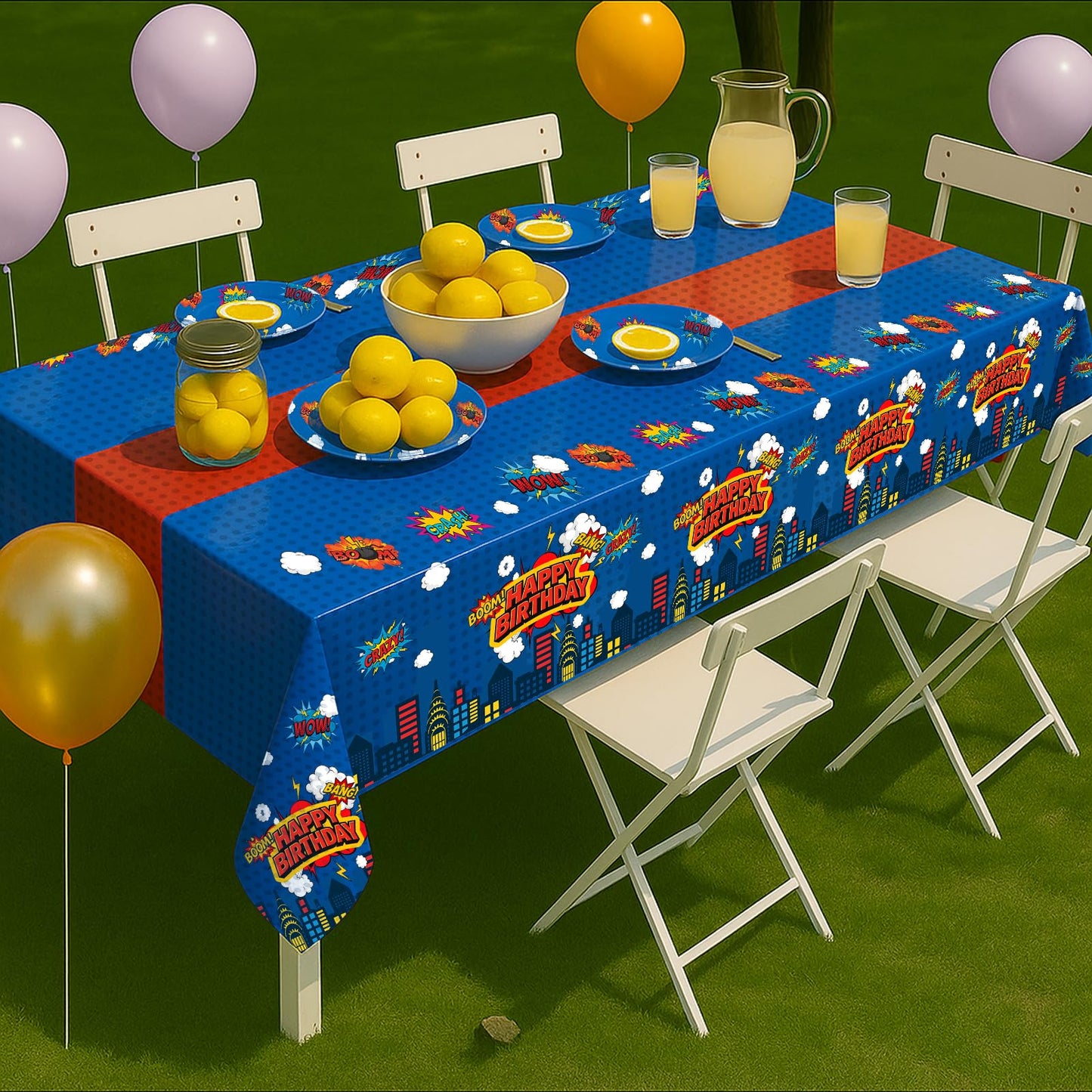 iCrius 3 Piece Party Tablecloth Rectangle Table Covers for Birthday Party Decorations, 108"x54" Plastic Table Cloth Disposable, Hero Themed Birthday Celebration Supplies Blue Skyscraper (3)