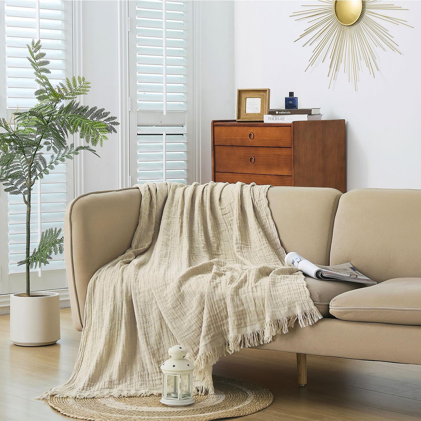 Yoenillo Cotton Muslin Throw Blanket with Tassels, Lightweight Woven Gauze, Pre-Washed Breathable Farmhouse Decor for Bed, Couch, All-Season Use (Beige, 50" x 60")