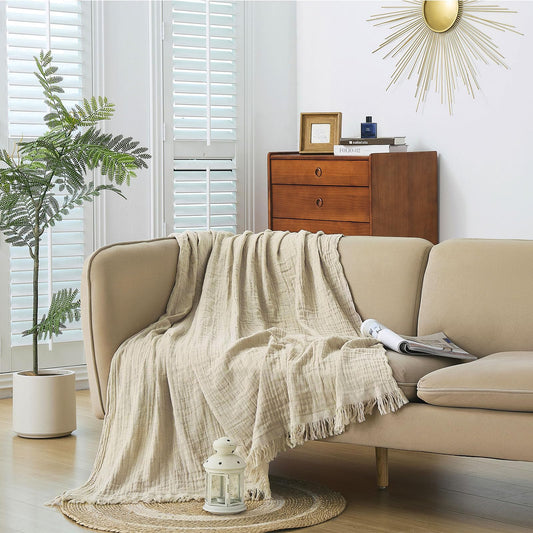 Yoenillo Cotton Muslin Throw Blanket with Tassels, Lightweight Woven Gauze, Pre-Washed Breathable Farmhouse Decor for Bed, Couch, All-Season Use (Beige, 50" x 60")