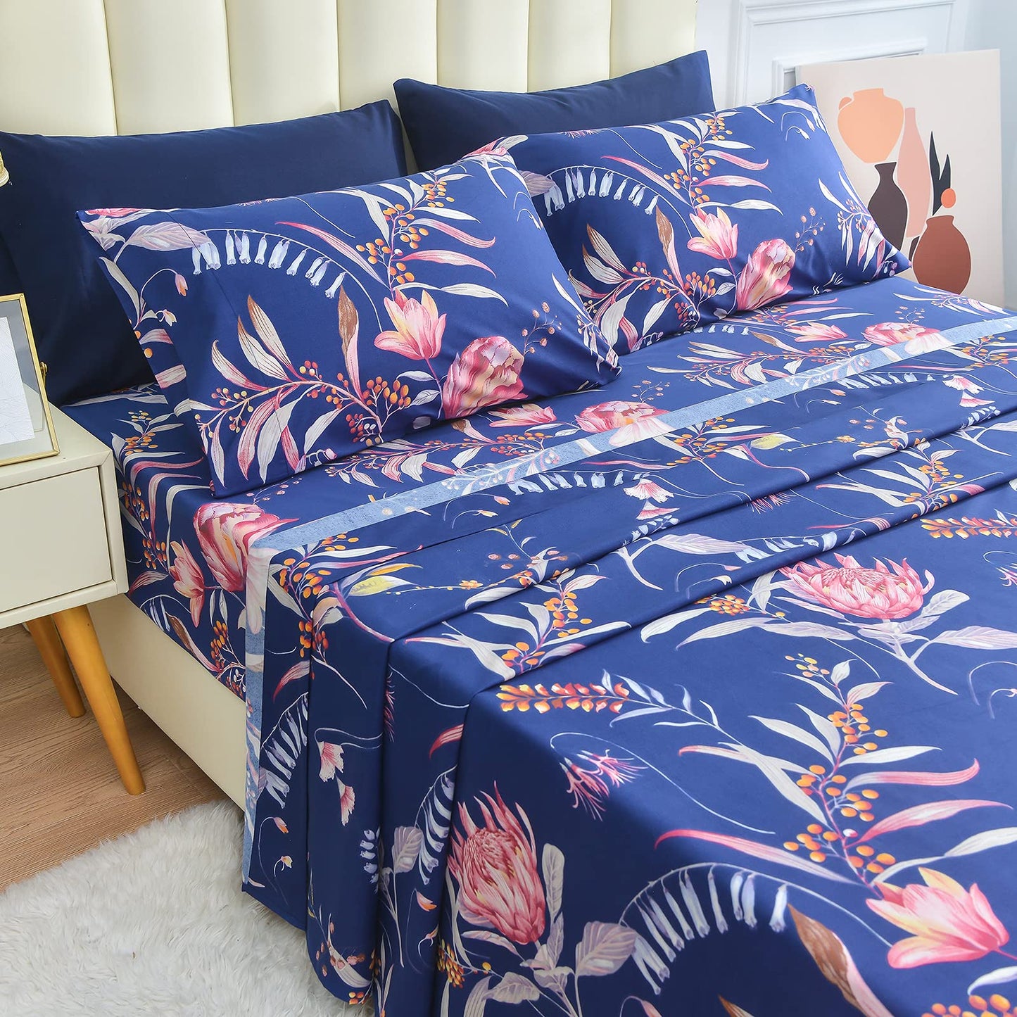 JSD Navy Floral Sheet Set Full Size, 4 Piece Printed Microfiber Sheets Extra Deep Pocket Wrinkle Free
