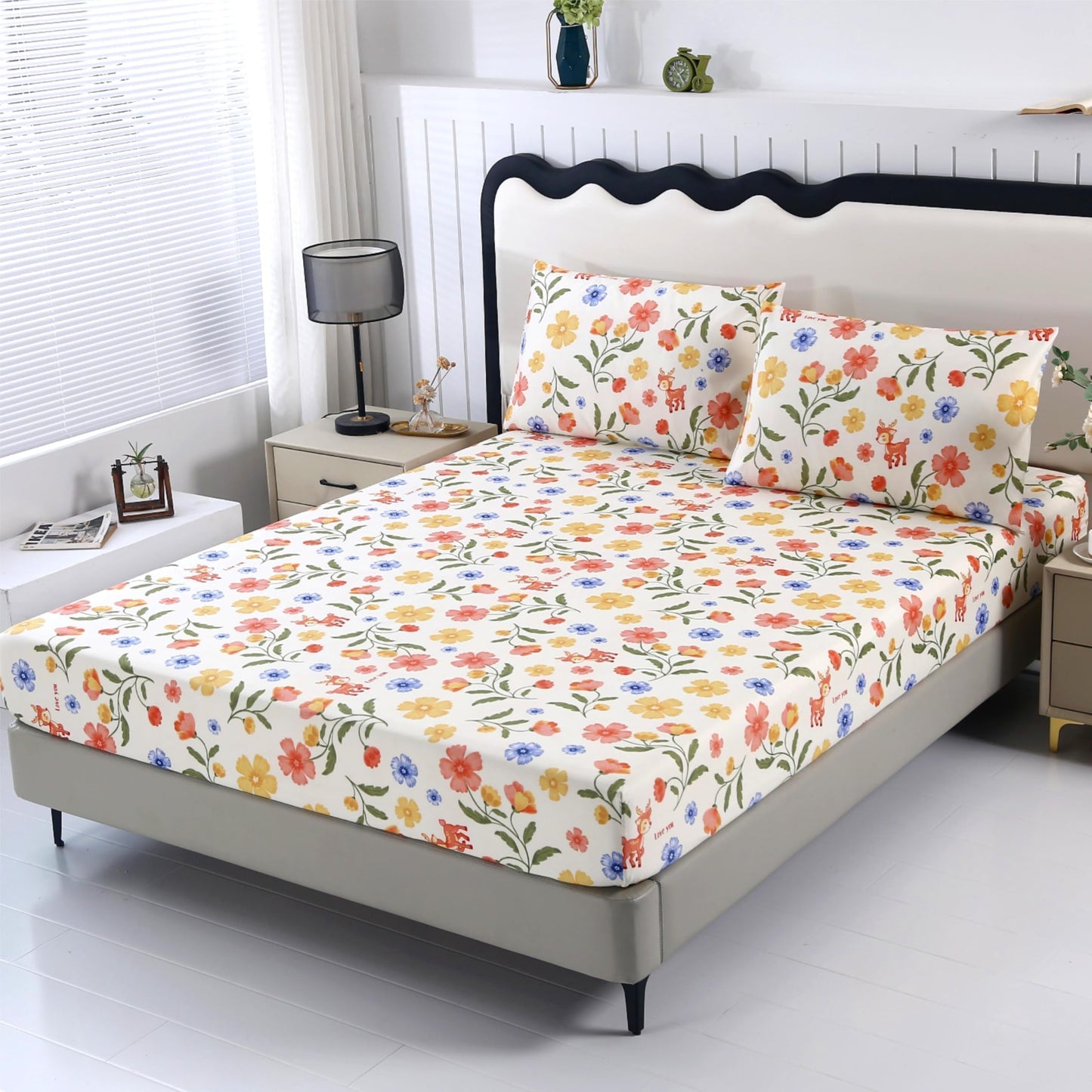 SDIII Reindeer and Floral Full Size Fitted Sheet with 2 Pillowcases, Deep Pocket Soft Microfiber Fawn and Floral Full Size Sheet All Season