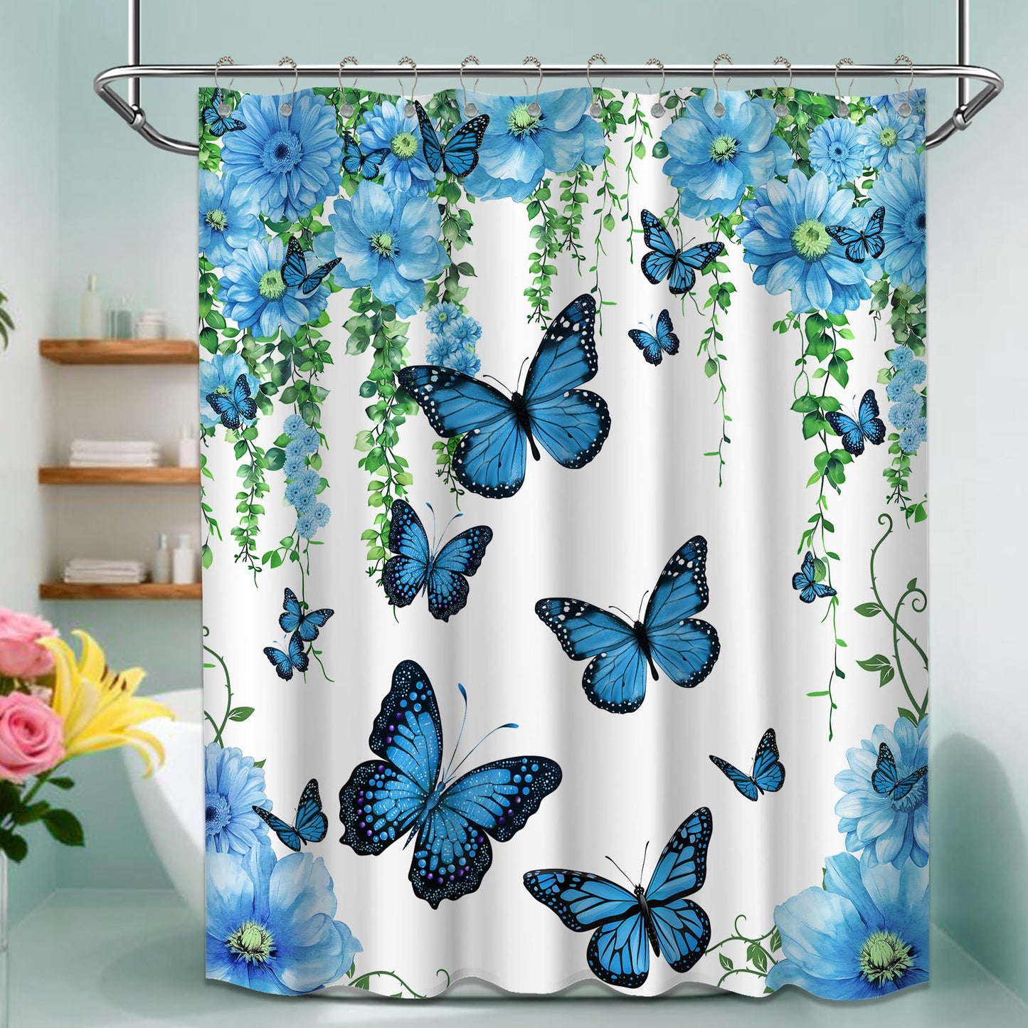 Pdvbiee Blue Butterfly Flower Shower Curtain, 70 X 72 Inch