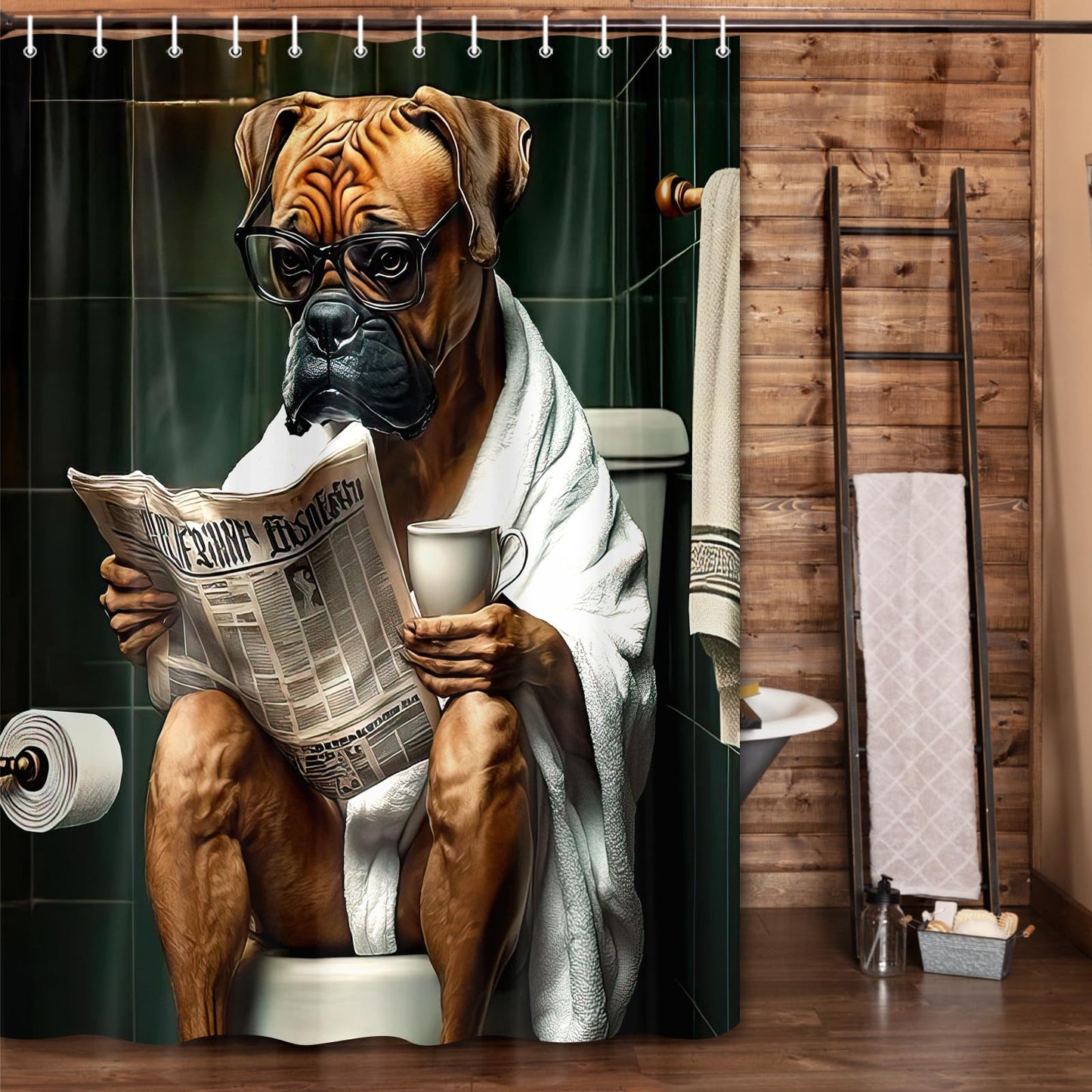 JAWO Funny Dog Bathroom Curtain, Cute Dogs Reading Newspaper on Toilet, Washable Cloth Kids Shower Curtain Set with 12 Hooks, 72X72