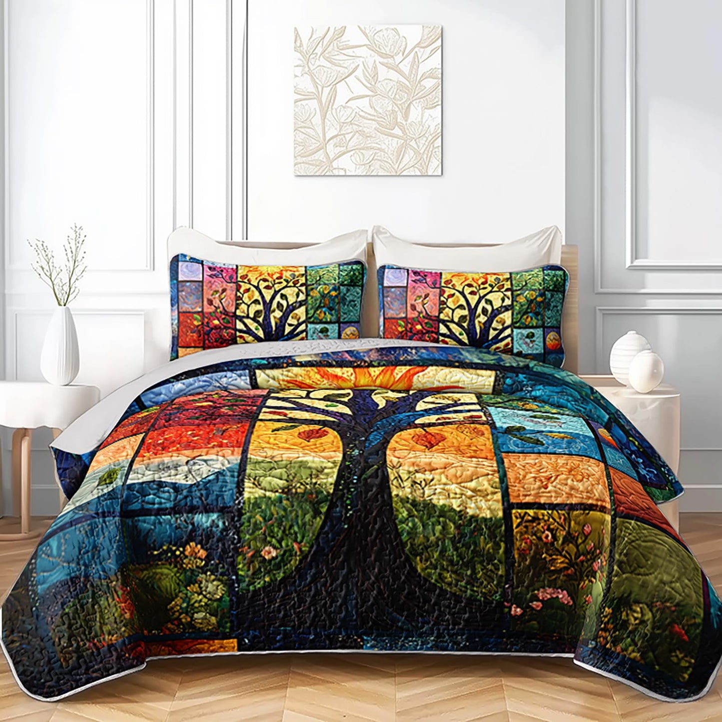AILONEN Tree of Life Quillt Set Queen Size, Sun Moon Boho Bedspread Coverlet,Soft Microfiber Quilt,2 Pillowcases,3-Piece Colorful Natural Botanical Print Bedding