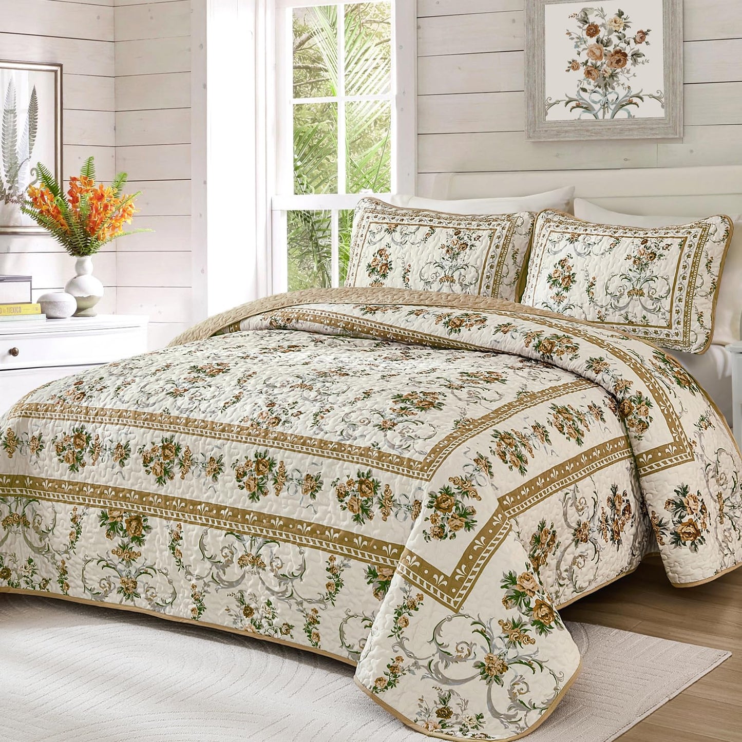 Anibedding Floral Quilt Set King Size, Retro Brown Flower Pattern Quilts Bedspread,Soft Microfiber Lightweight Bed Cover for All Season(King, 104"x90")