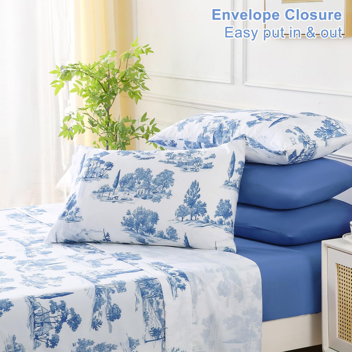 Botanical 6-Piece King Size Sheets Set, Boho Floral Print Brushed Microfiber Sheets, Cooling Bed Sheet Set, Ultra Soft & Breathable, 16' Deep Pocket Fitted Sheet & Pillowcase Set, Blue Floral
