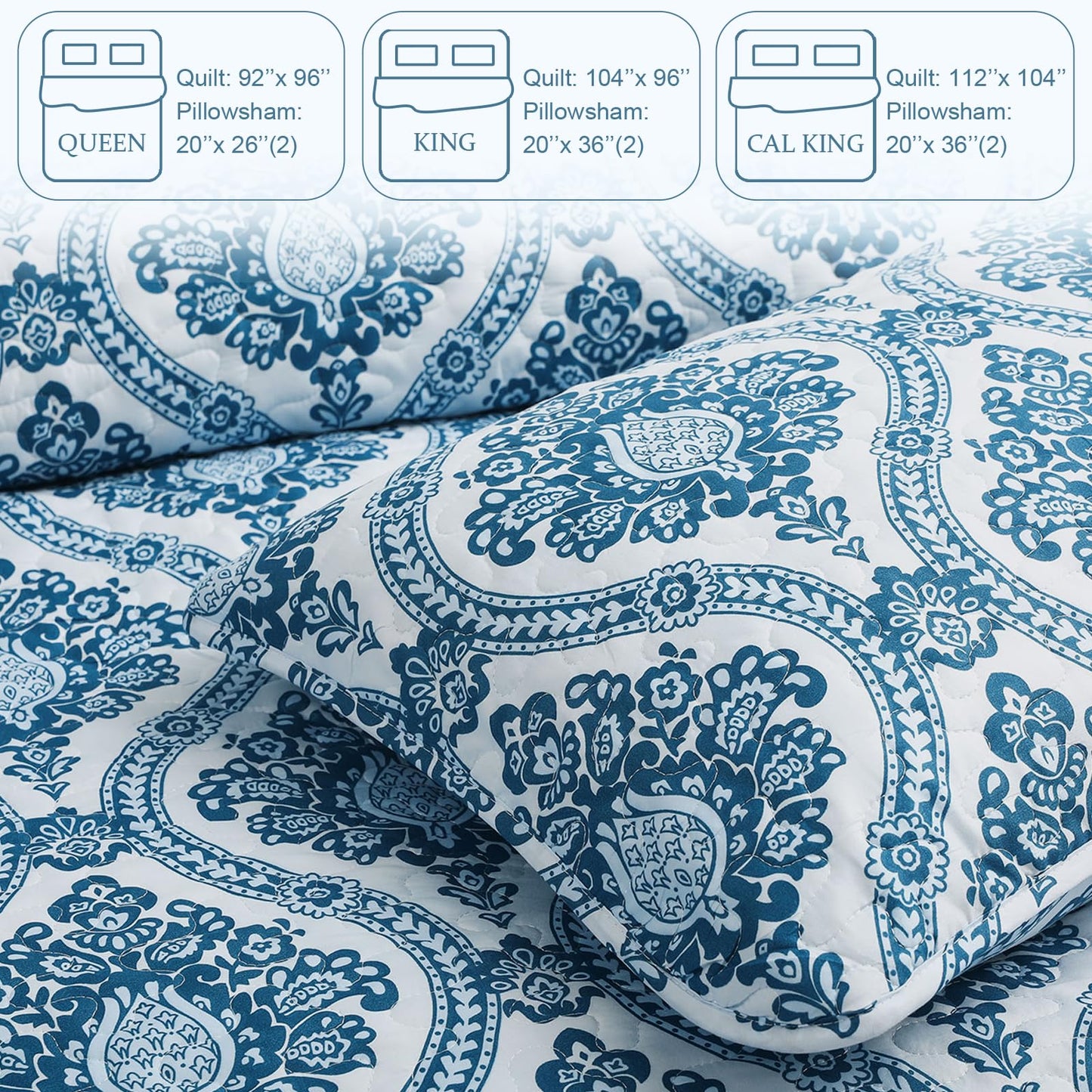 Exclusivo Mezcla Reversible Boho Quilts Queen Size, Blue Soft Bedspreads Lightweight Coverlet All Season Damask Quilt Bedding Set with Printed Floral Pattern (1 Quilt, 2 Pillow Shams)