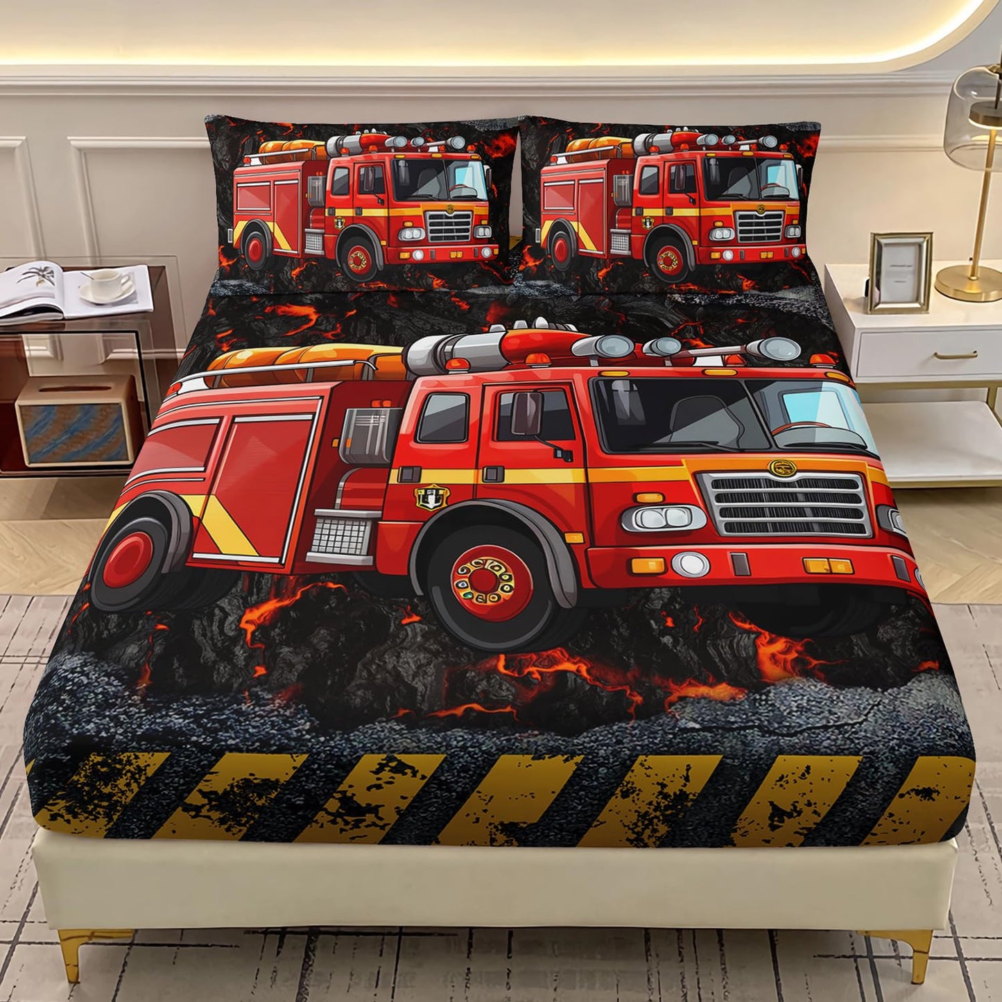AILONEN Cartoon Red Fire Truck Fitted Sheet Set Twin Size, Fire Rescue Car Bedding Set for Kids,Boys,Girls,Teens, Emergency Rescue Vehicle Bed Sheet Set,3-Piece, 1 Fitted Sheet and 2 Pillowcases