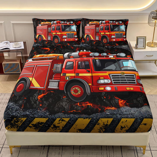 AILONEN Cartoon Red Fire Truck Fitted Sheet Set Twin Size, Fire Rescue Car Bedding Set for Kids,Boys,Girls,Teens, Emergency Rescue Vehicle Bed Sheet Set,3-Piece, 1 Fitted Sheet and 2 Pillowcases