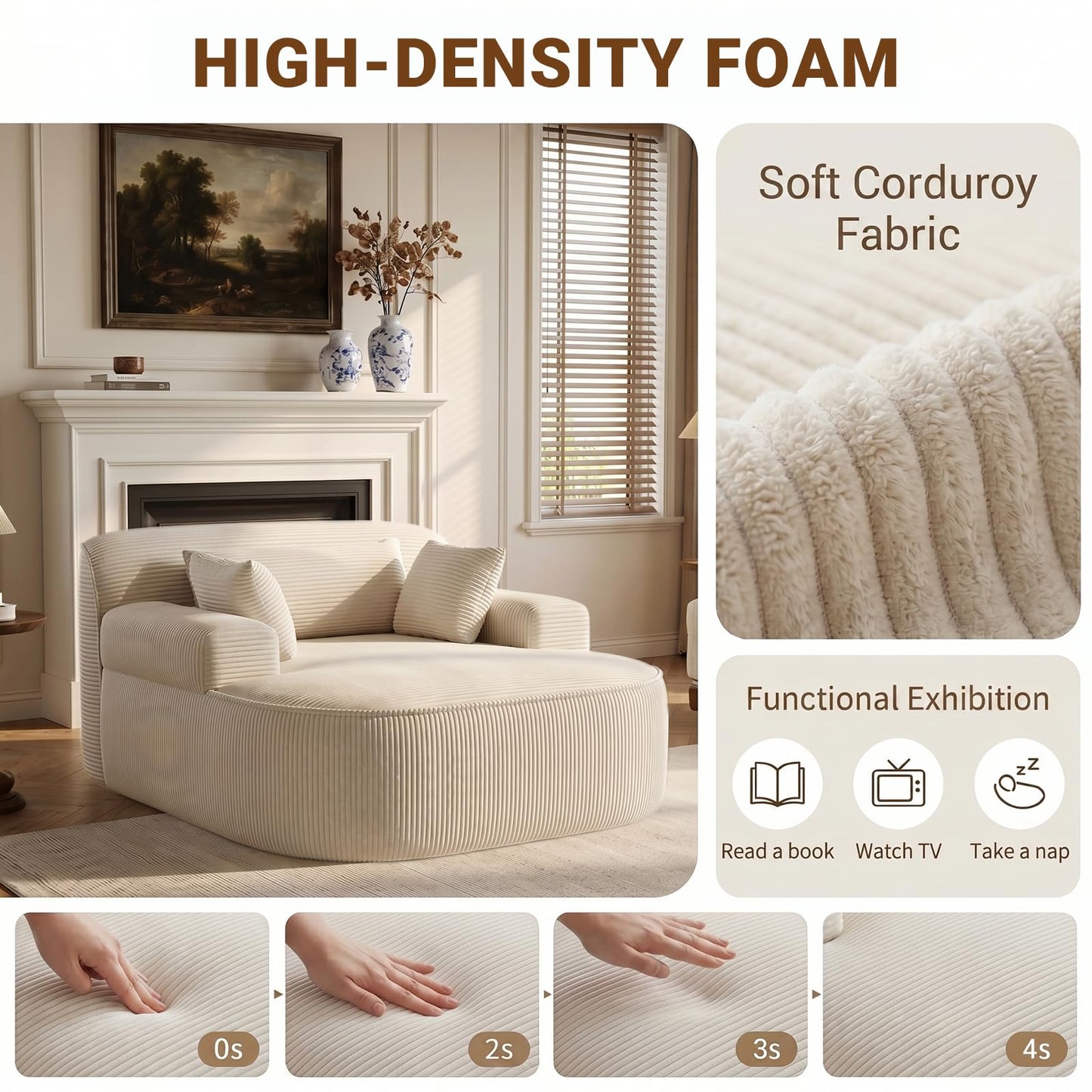 RJFFDDGZ Boneless Chaise Lounge Chair Indoor, Oversized Corduroy Foam Lounger with 3 Pillows, White