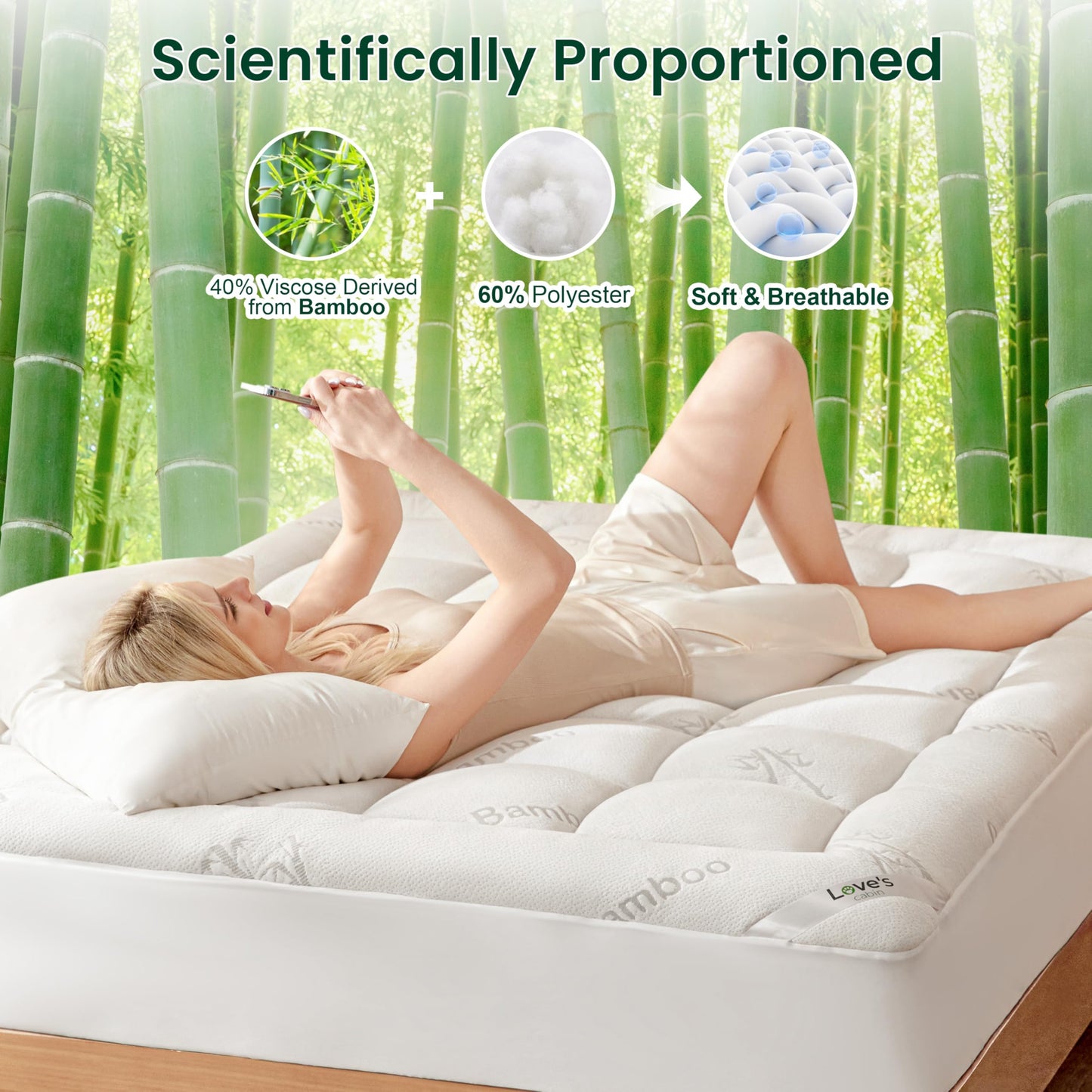 Love's cabin King Mattress Topper Viscose Derived from Bamboo, Thick Pillow Top Mattress Pad with Stretchable Pockets for 8"-20" Mattress, Soft Breathable Cooling Mattress Topper for Hot Sleepers