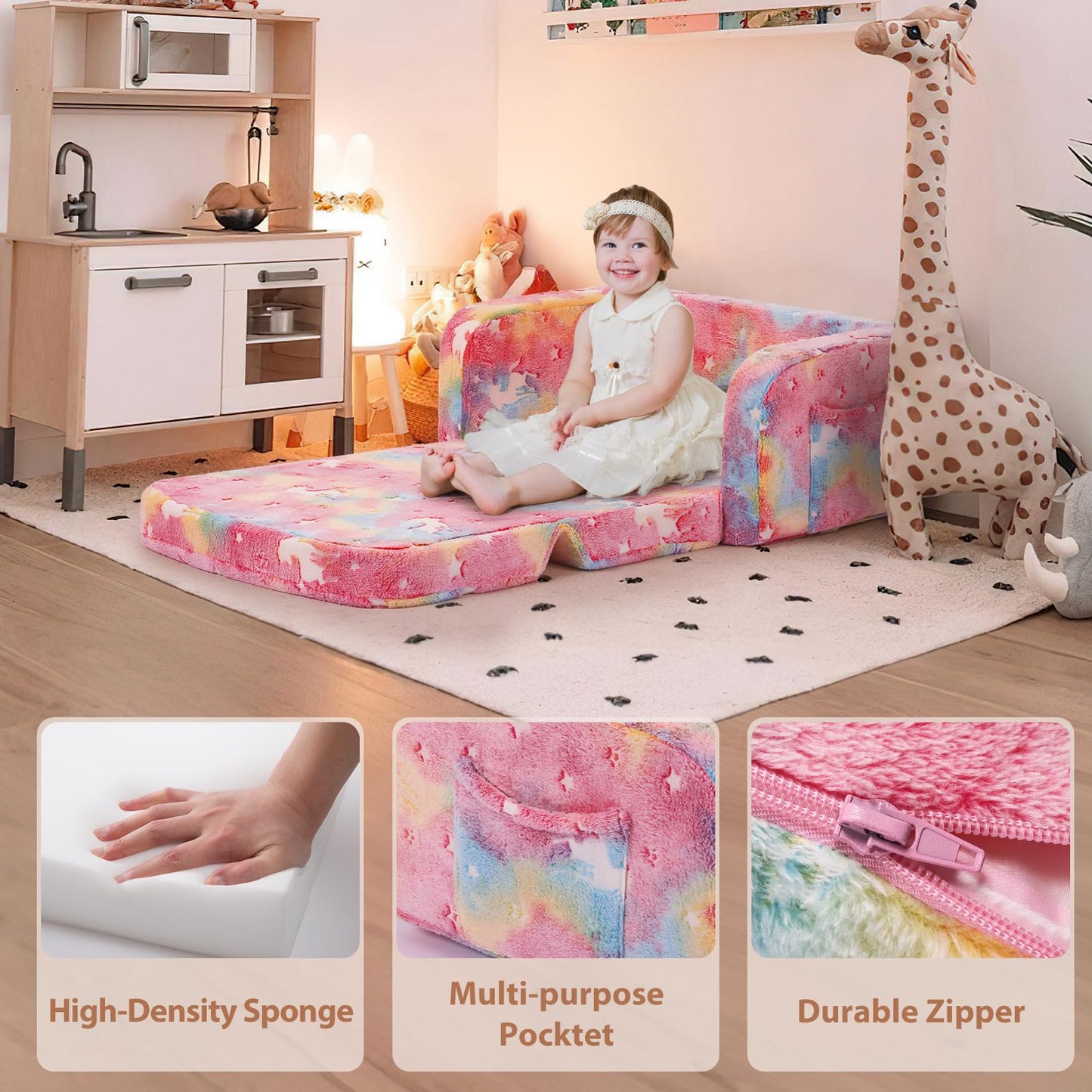 Foryoomi Extra Wide Kids Couch, Kids Sofa, Toddler Sofa, Glow in The Dark, 2-in-1 Soft Toddler Couch with Blanket and Pillow, Pink
