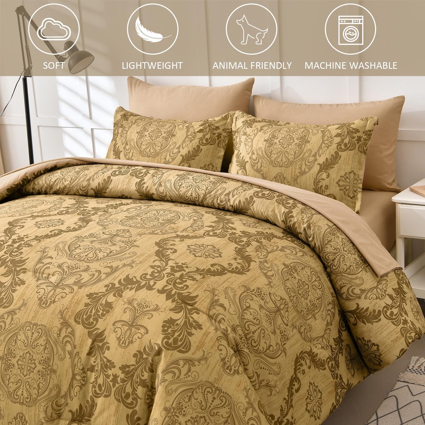 WONGS BEDDING Gold Comforter Set Queen Size, Damask Texture Design 7 Pieces Bed in a Bag Microfiber Comforter Bedding Sets -1 Comforter, 1 Flat Sheet, 1 Fitted Sheet, 2 Pillow Shams, 2 Pillowcases