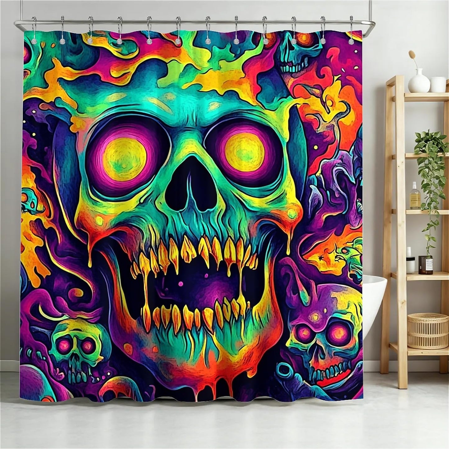 TANGXUNFA Psychedelic-Cartoon-Evil-Skull Shower Curtain for Bathroom, Water-Resistant Long Shower Curtain Set 72x72 Inch with Metal Grommets and 12 Metal Hooks