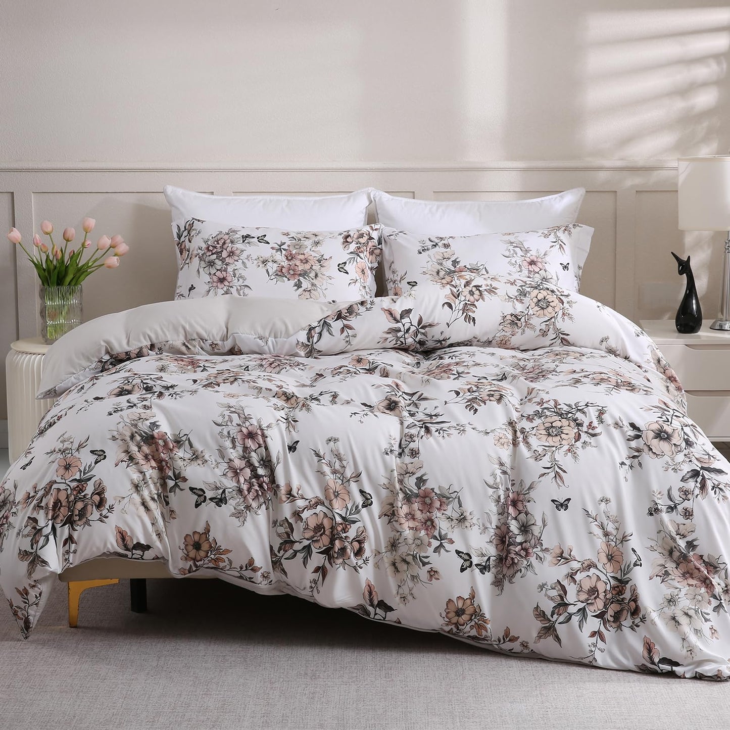 LONAVA Queen Floral 3 Pcs Duvet Cover Set, Breathable Soft Microfiber Light Grey Lining Comforter Cover with Zipper Closure, and 2 Anti-Pilling, Fade Resistant Pillowcases, Withered Flowers