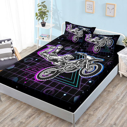HOSIMA Motorcycle Racer Fitted Sheet Extreme Sports Theme Bedding Sets for Kids Teens Men Room Decor,Dirt Bike Motorbike Twin Bedding Set Purple Line Grid Black Fitted Sheet with 2 Pillowcases.