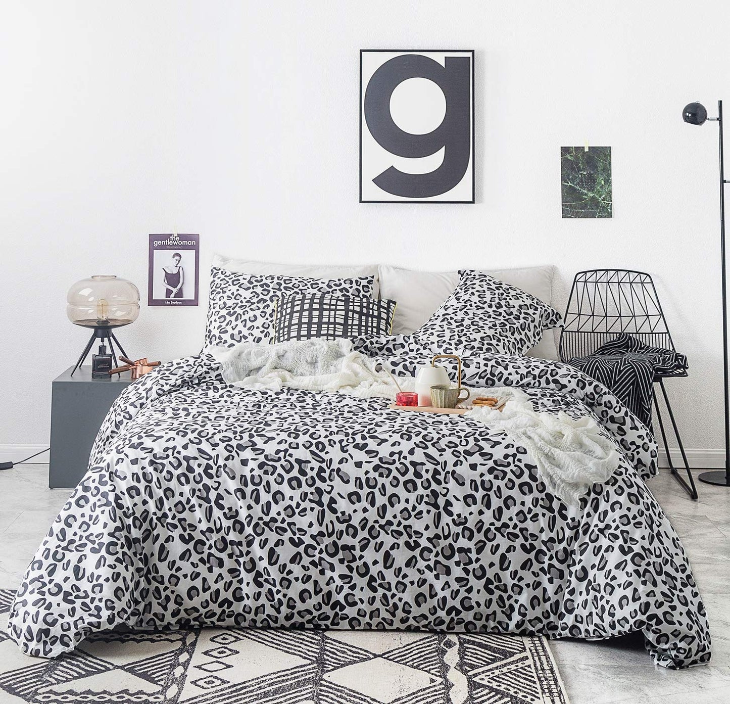 SUSYBAO Black White Cheetah Duvet Cover Queen 100% Cotton 3 Pcs Set 1 Grey Snow Leopard Duvet Cover with Zipper Ties 2 Pillowcases Luxury Soft Gray Animal Print Bedding Set Breathable
