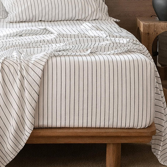 MooMee Fitted Bottom Sheet Only 100% Washed Cotton Linen Like Textured Breathable Durable Soft Comfy Deep Pocket Fits Mattress up to 17" (White Dark Grey Wide Stripes, Queen)