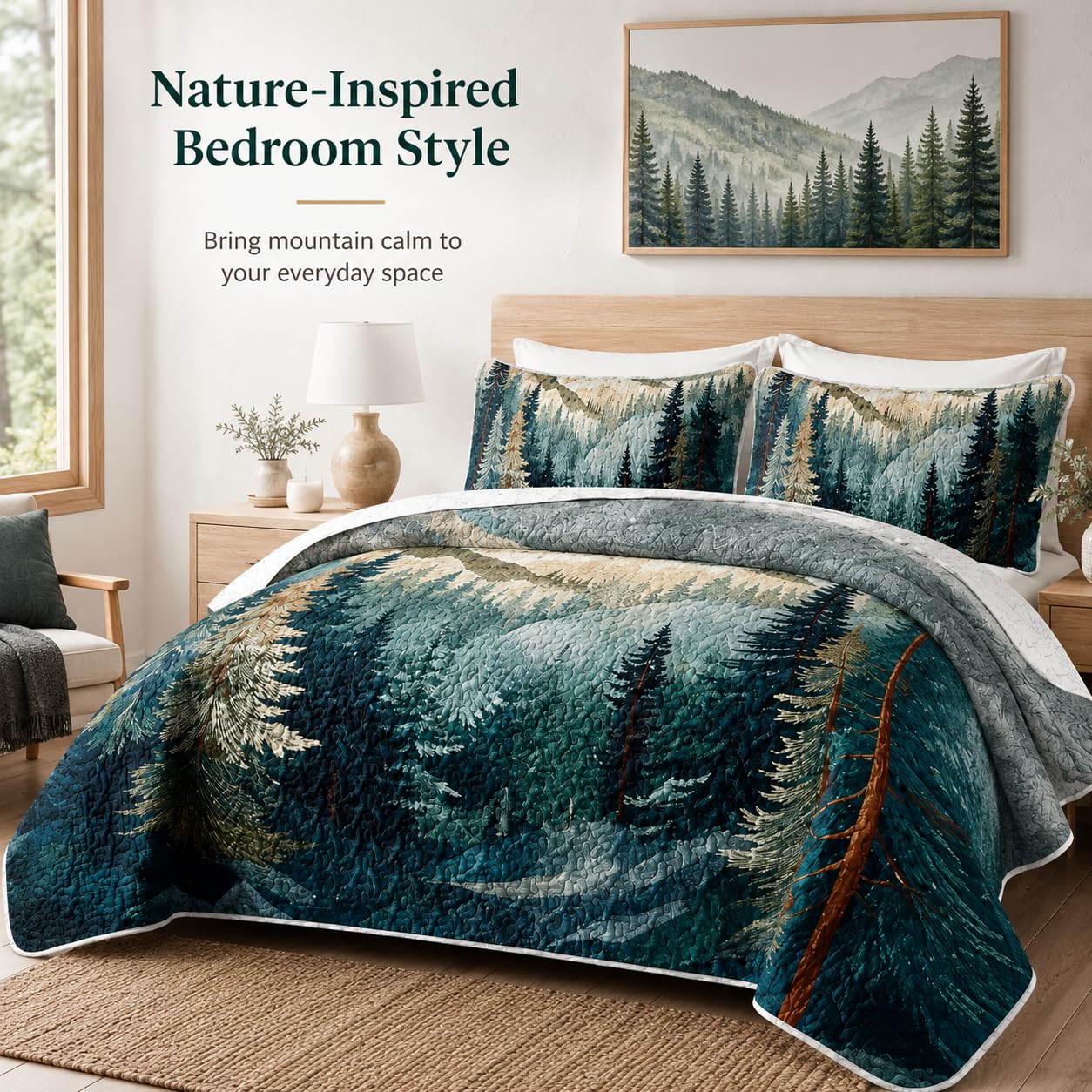 AILONEN King Bedspread Coverlet,Mountain Forest Pine Tree Textured Landscape Blue Green Bedding Quilt,2 Pillowcases,Lightweight Microfiber