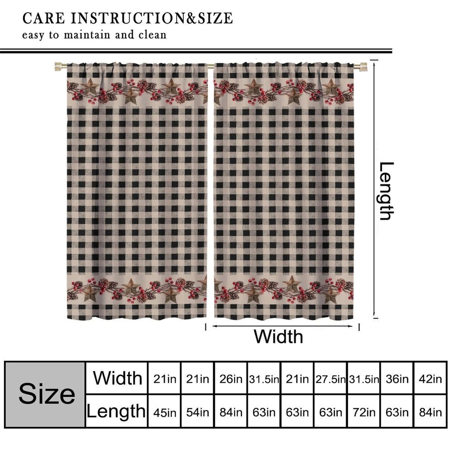 Nanacur Rustic Farmhouse Curtains, Vintage Country Black White Buffalo Plaid Pine Cone Berry Western Texas Print Window Treatments for Kitchen Bedroom Cafe, 42" W X 45" L